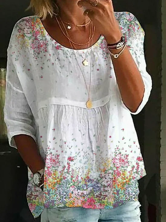 Women's Half Sleeve Shirt Summer White Floral Printing Crew Neck Daily Going Out Casual Top