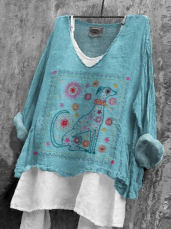 Linen Blend Animal Casual Loose Shirt