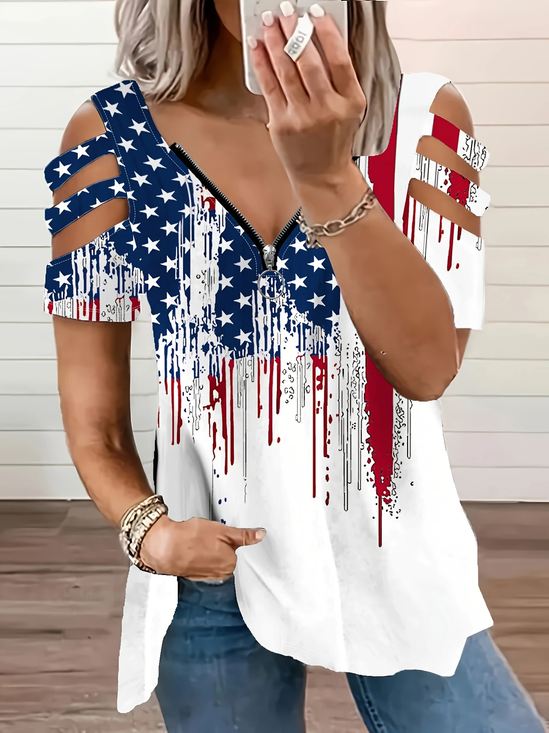 Women's Short Sleeve T-shirt Summer White Independence Day (Flag) Printing V Neck Daily Going Out Vintage Top