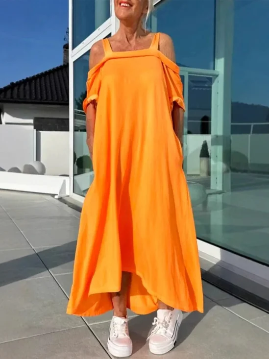Casual Plain Off Shoulder Sleeve Spaghetti Maxi Dress