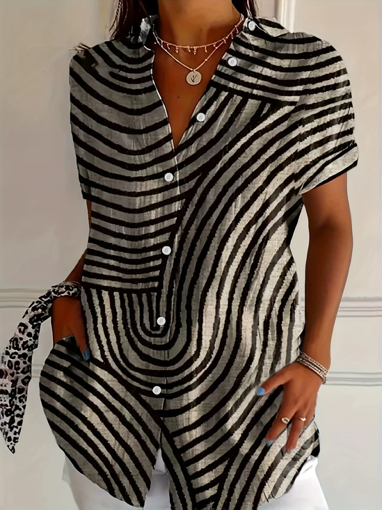 Women's Short Sleeve Shirt Summer Khaki Abstract Stripes Printing Shirt Collar Daily Going Out Casual Top