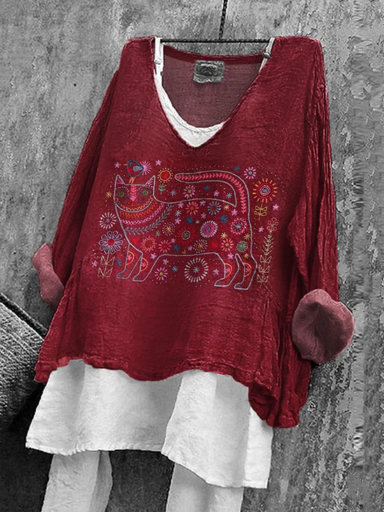 Linen Blend Animal Vintage Loose Shirt