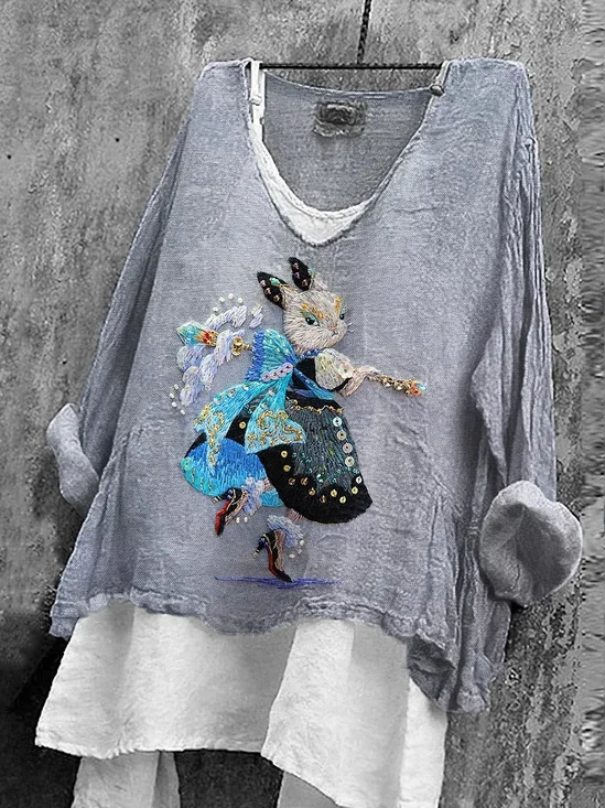 Animal Linen Blend Vintage Loose Shirt