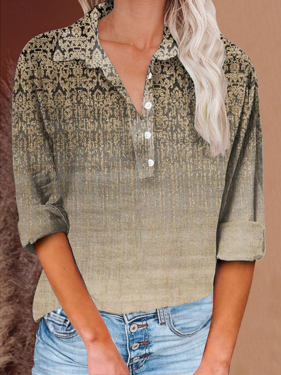 Button Long Sleeve Casual Vintage Print Shirt