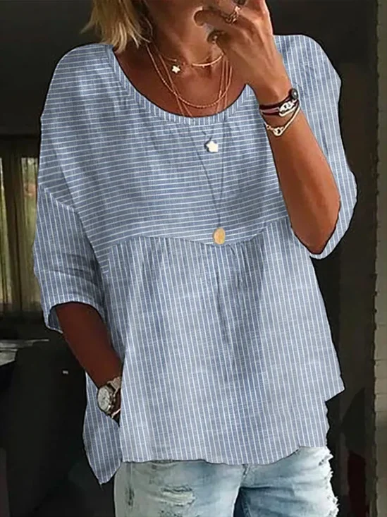 Women's Half Sleeve Shirt Summer Blue Striped Printing Crew Neck Daily Going Out Casual Top