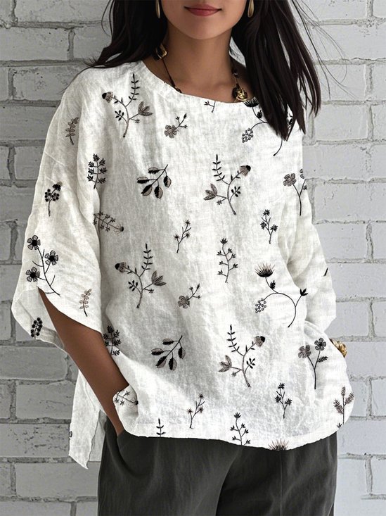 Floral Crew Neck Linen Blend Simple Shirt