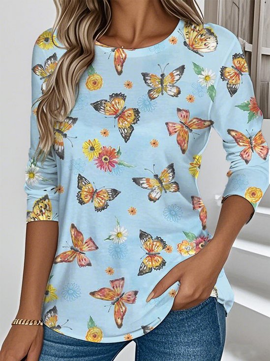 Casual Crew Neck Butterfly T-Shirt