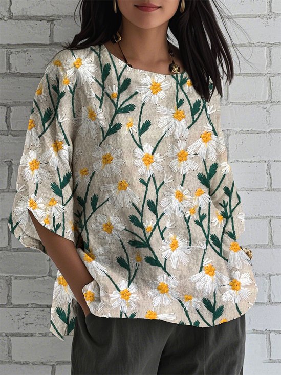 Loose Linen Blend Casual Crew Neck Shirt