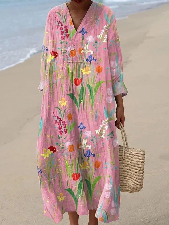 Women's Vintage Flowers Print Casual Long Sleeve Dress
