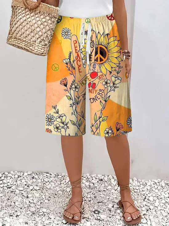 Women's Hippie Peace Love Art Printed Cotton And Linen Casual Pants