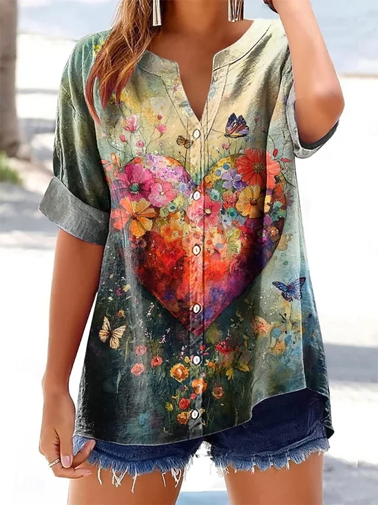 Women's Floral Heart Pattern Art Print Cotton Linen Short Sleeve Shirt