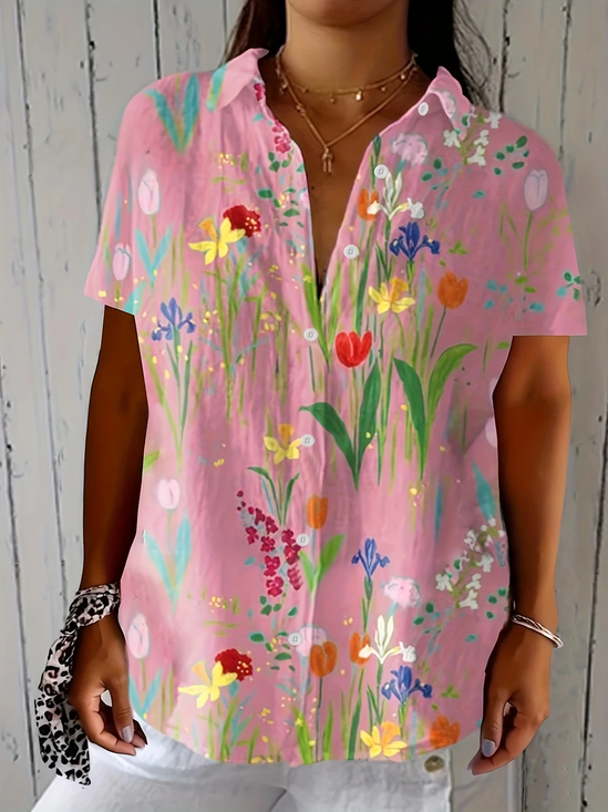 Women's Short Sleeve Shirt Summer Pink Floral Printing Shirt Collar Daily Going Out Casual Top