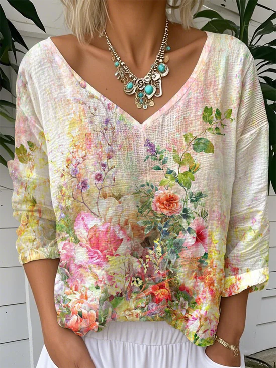 V Neck Gradient Pattern Loose Casual T-Shirt
