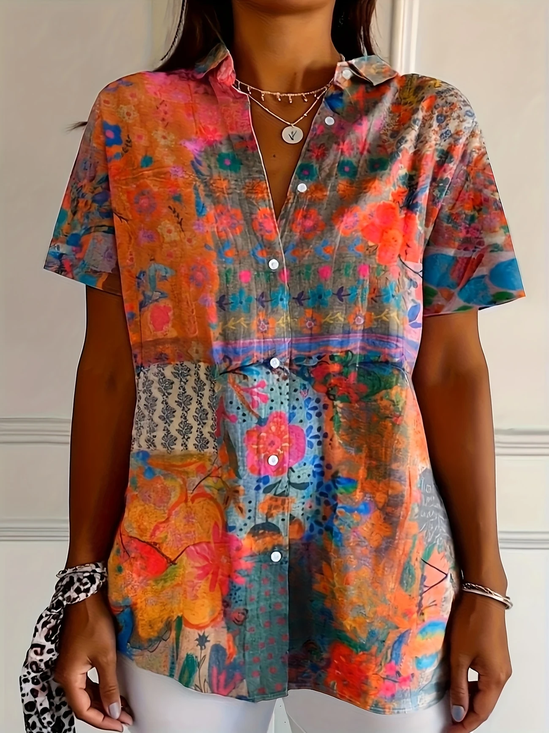 Women's Short Sleeve Shirt Summer Orange Floral Printing Shirt Collar Daily Going Out Casual Top