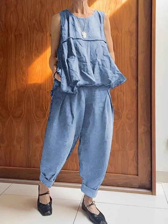 Casual Plain Crew Neck Two-Piece Set