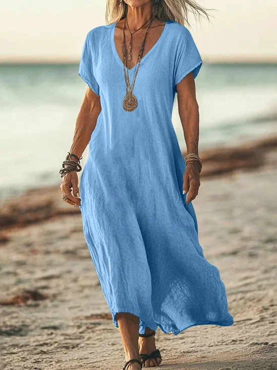 Casual Plain V Neck Maxi Dress
