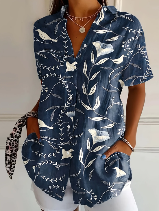 Women's Short Sleeve Shirt Summer Purplish blue Floral Printing Shirt Collar Daily Going Out Casual Top