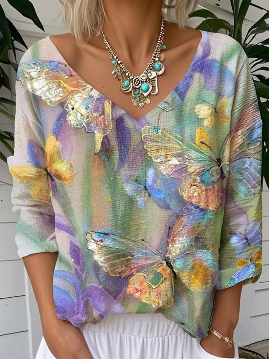 Butterfly Loose V Neck Casual T-Shirt