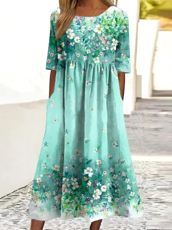 Crew Neck Regular Fit Casual Floral Dress With No