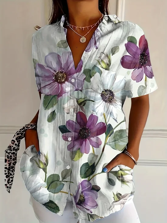 Women's Short Sleeve Shirt Summer White Floral Printing Shirt Collar Daily Going Out Casual Top