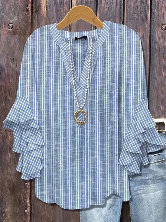 Women's Half Sleeve Shirt Summer Blue Striped Printing V Neck Daily Going Out Casual Top