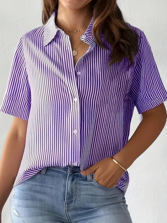 Women's Short Sleeve Shirt Summer Purple Striped Printing Shirt Collar Daily Going Out Casual Top