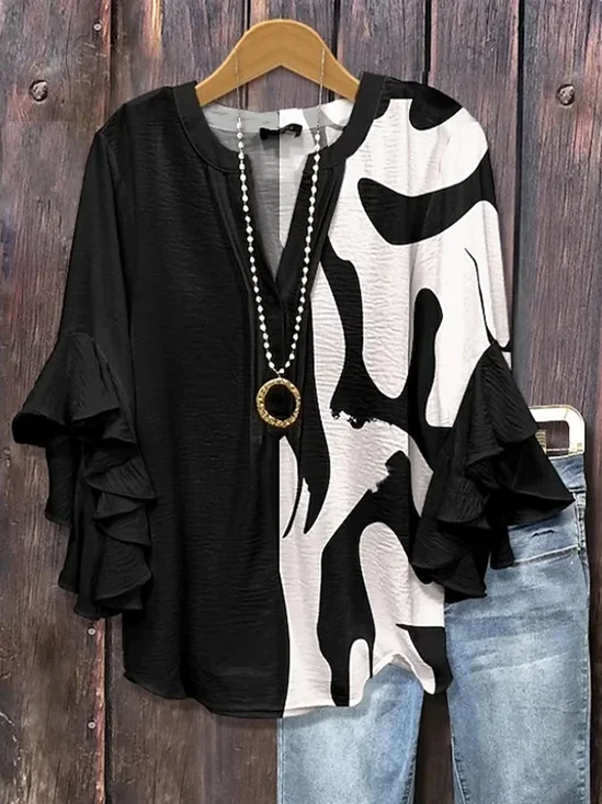 Women's Half Sleeve Shirt Summer Black Abstract Printing V Neck Daily Going Out Casual Top