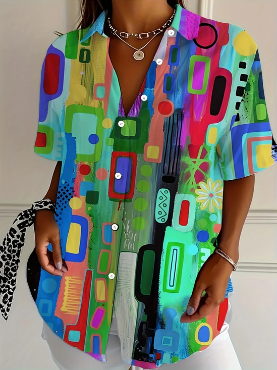 Women's Short Sleeve Shirt Summer As Picture Abstract Printing Shirt Collar Daily Going Out Casual Top