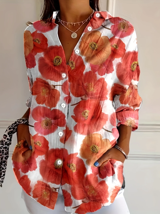 Women's Long Sleeve Shirt Spring/Fall Orange Floral Buckle Shirt Collar Daily Going Out Casual Top
