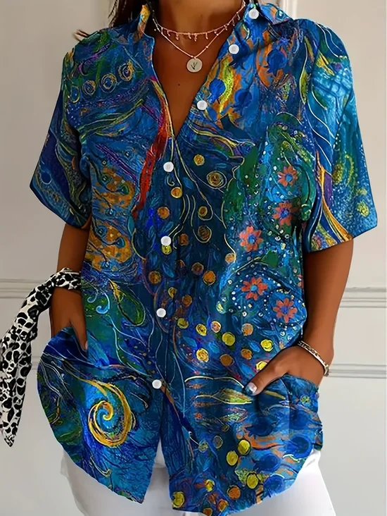 Women's Short Sleeve Shirt Summer Blue Floral Printing Shirt Collar Daily Going Out Casual Top