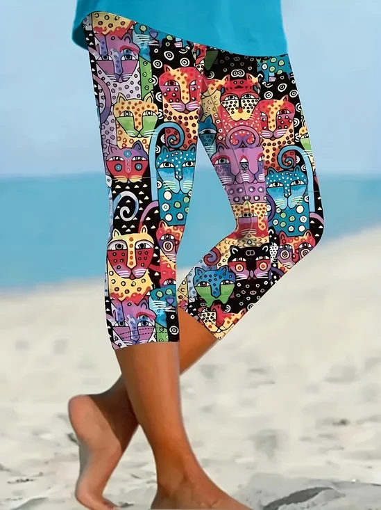 Women's  Elastic Waist H-Line Legging Daily Going Out Pants As Picture Casual Printing Cat Summer Pants
