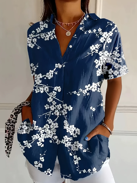 Women's Short Sleeve Shirt Summer Deep Blue Floral Printing Shirt Collar Daily Going Out Casual Top