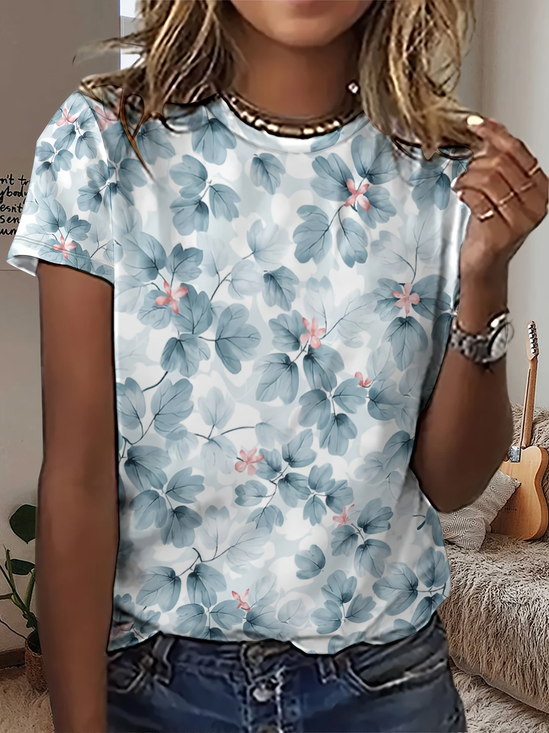 Women's Short Sleeve T-shirt Summer Blue Floral Printing Crew Neck Daily Going Out Casual Top