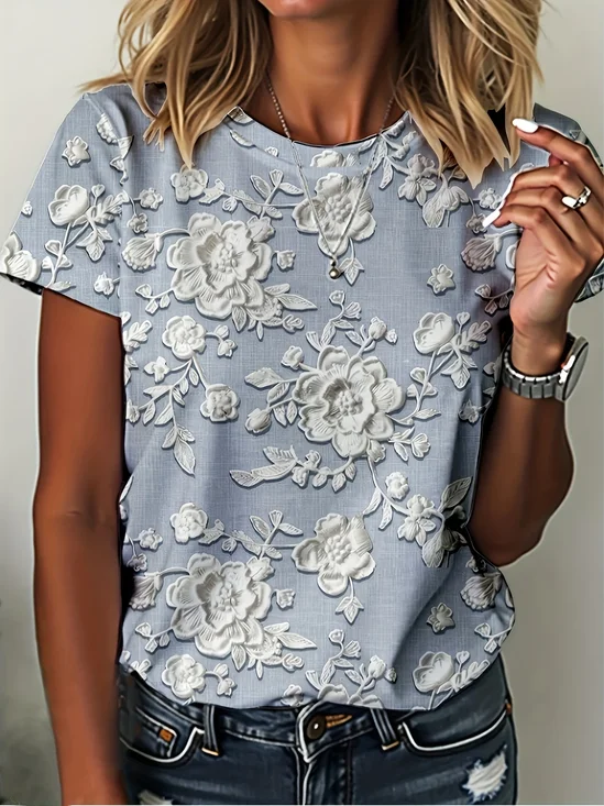 Women's Short Sleeve T-shirt Summer Blue Floral Printing Crew Neck Daily Going Out Casual Top