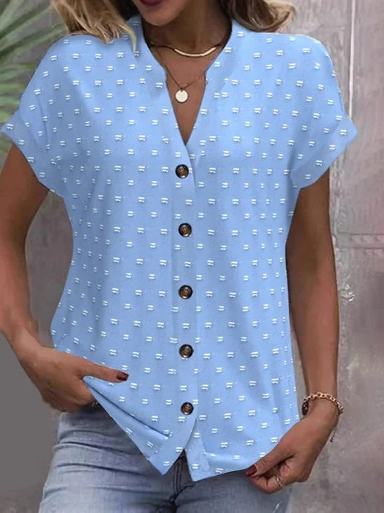 Women's Short Sleeve T-shirt Summer Blue Plain Jacquard Cotton V Neck Daily Going Out Casual Top