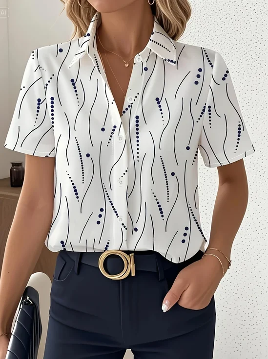 Women's Short Sleeve Shirt Summer White Abstract Stripes Printing Shirt Collar Daily Going Out Casual Top