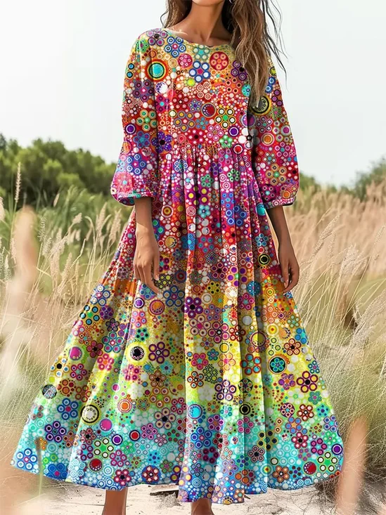 Loose Casual Crew Neck Gradient Pattern Dress