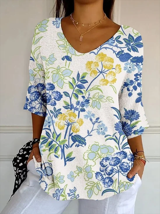 Women's Vintage Botanical Flower Art Print Casual Mid-Sleeve T-Shirt