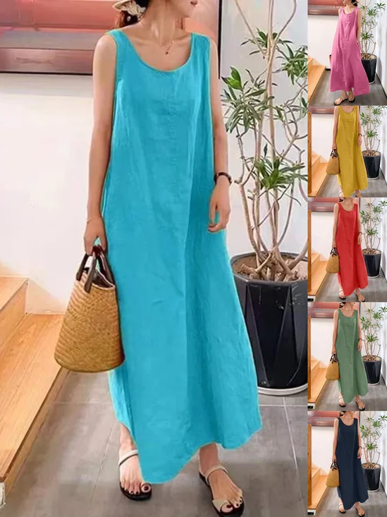 Women's Sleeveless Summer Blue Plain Split Joint Crew Neck Daily Going Out Vintage Maxi A-Line Tank Dress