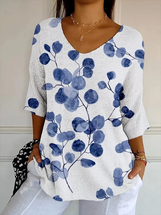 Women's Vintage Botanical Flower Art Print Casual Mid-Sleeve T-Shirt