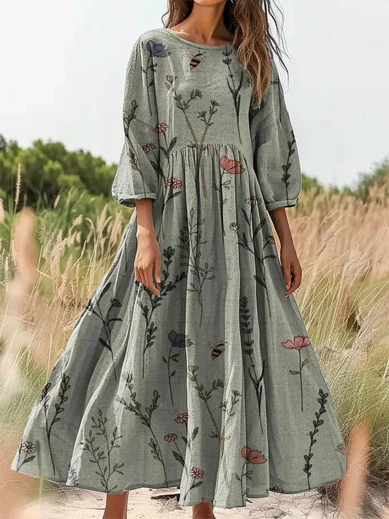 Women's Wildflower Art Print Crew Neck Pocket Cotton Dress