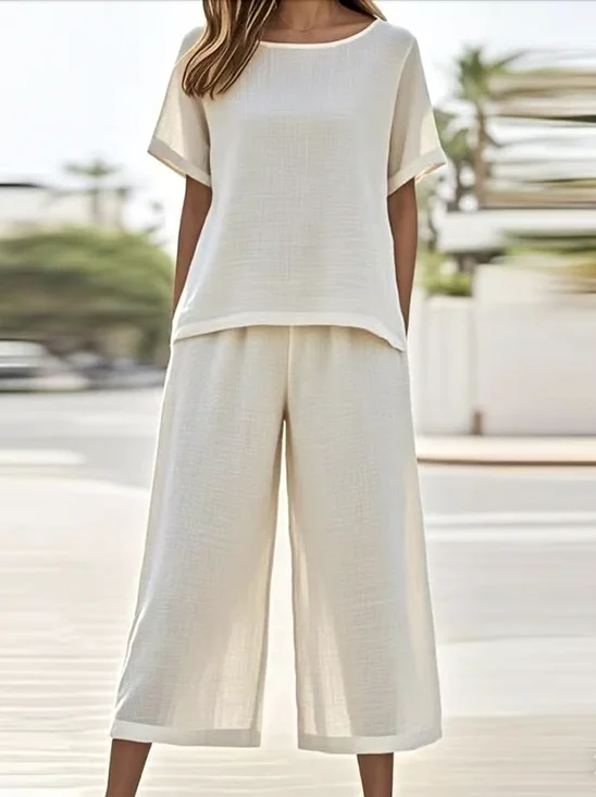 Casual Linen Crew Neck Two-Piece Set