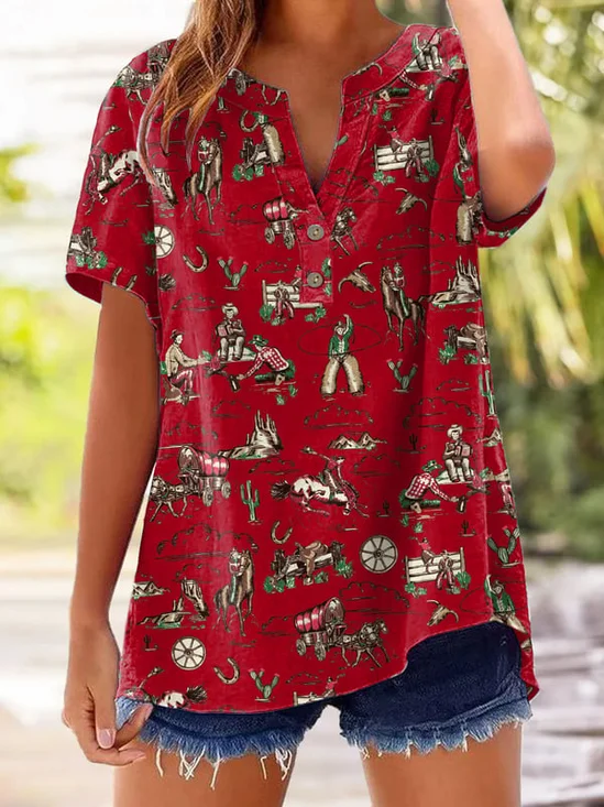 Women's Vintage Western Printed Cotton and Linen Shirt