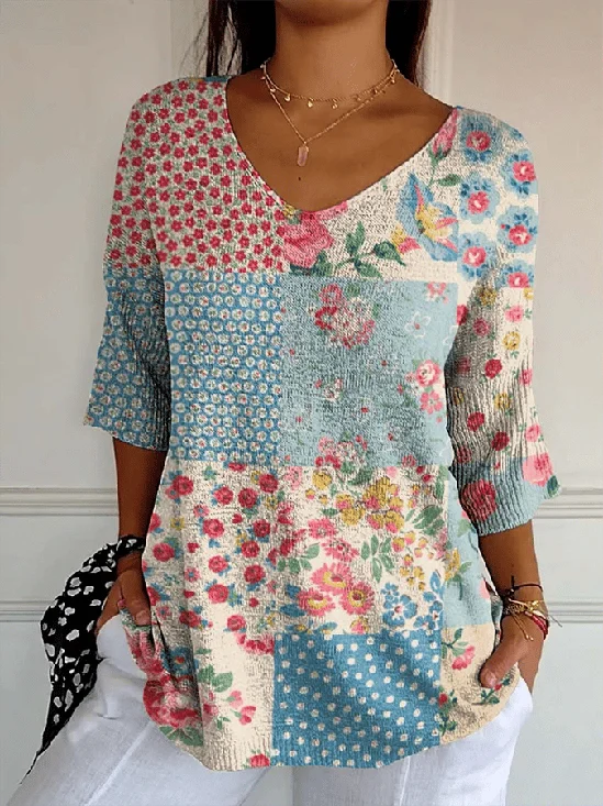 V Neck Loose Simple Floral T-Shirt
