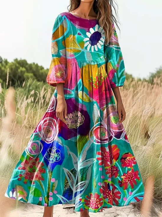 Floral Crew Neck Casual Loose Dress