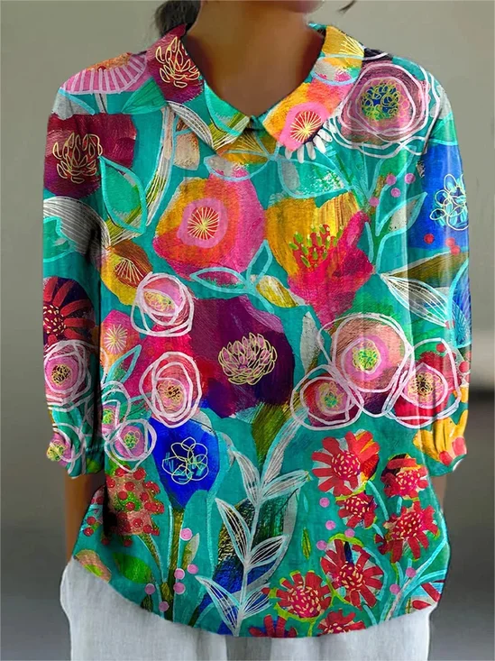 Floral Loose Shawl Collar Boho Shirt