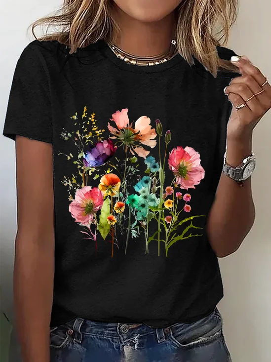Womens Cotton Floral Crew Neck T Shirts Cotton T-Shirt