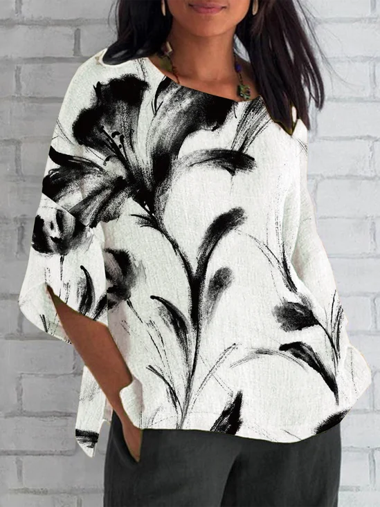 Women's Half Sleeve T-shirt Summer White Floral Crew Neck Daily Going Out Casual Top