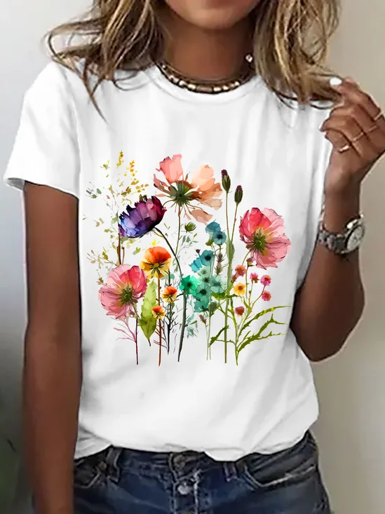 Womens Cotton Floral Crew Neck T Shirts Cotton T-Shirt