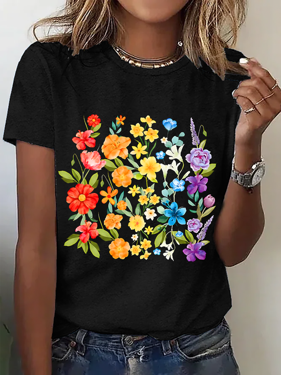Womens Cotton Floral Crew Neck T Shirts Cotton T-Shirt